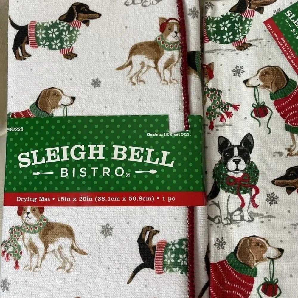 2 Kitchen Towels & Drying Mat Dachshund Boston Terrier Dog Christmas Holiday NEW